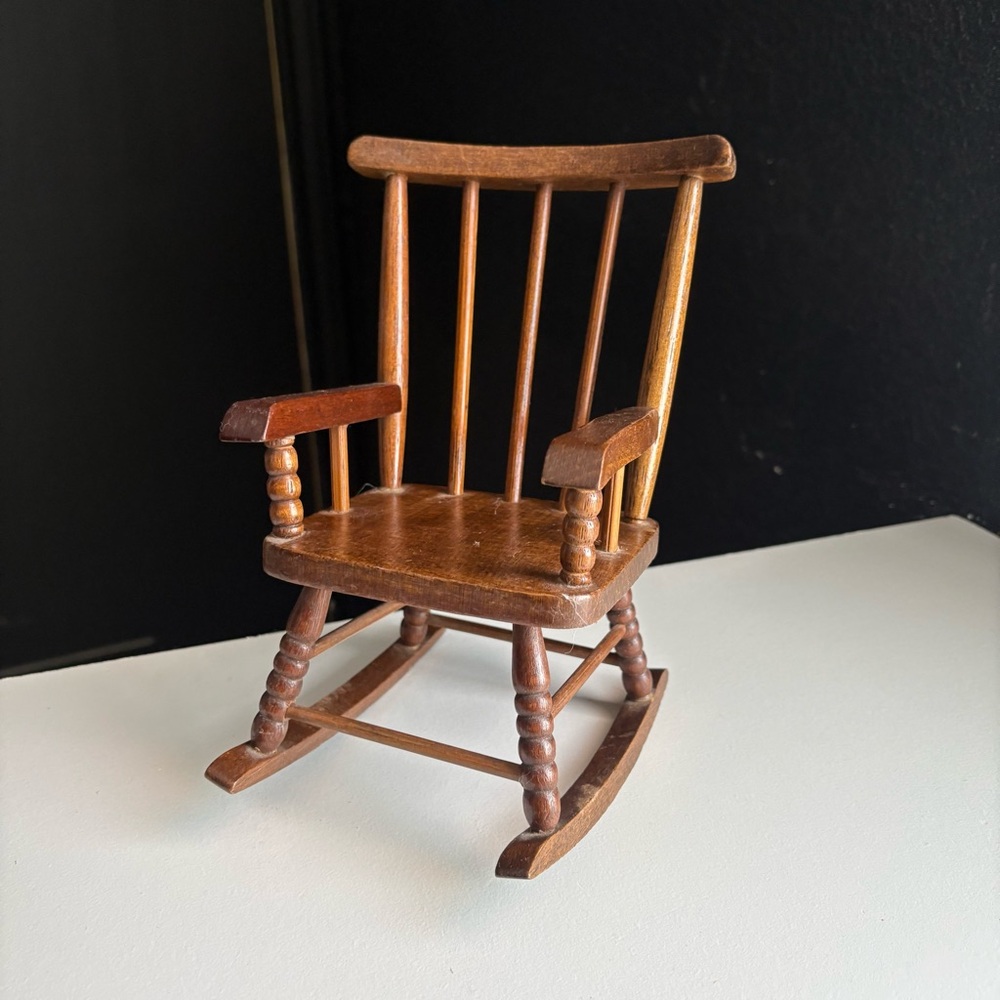 Vintage mid century modern small wooden rocking chair plant stand doll accent